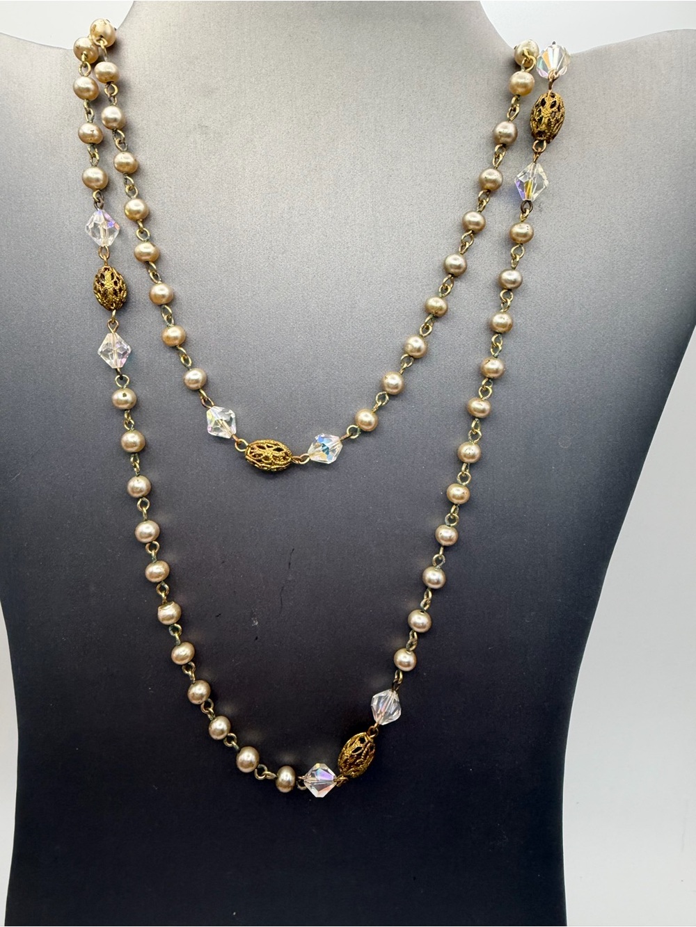 Champagne Faux Pearl, Clear and Gold Filigree Beads 38” Vintage Station Necklace